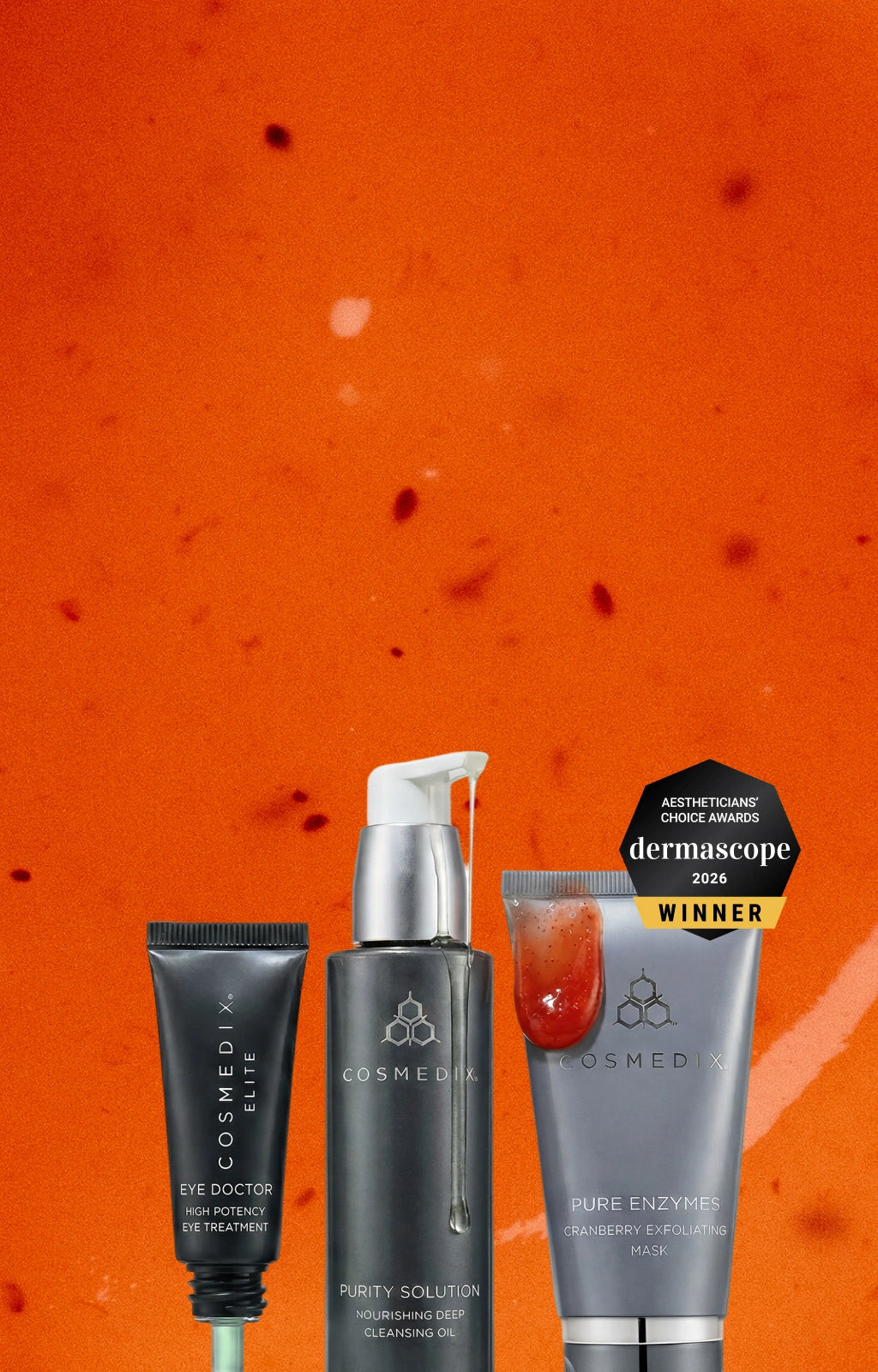 2026 Dermascope Winners - Eye Doctor, Purity Solution, & Pure Enzymes against dark orange close up of Pure Enzymes.