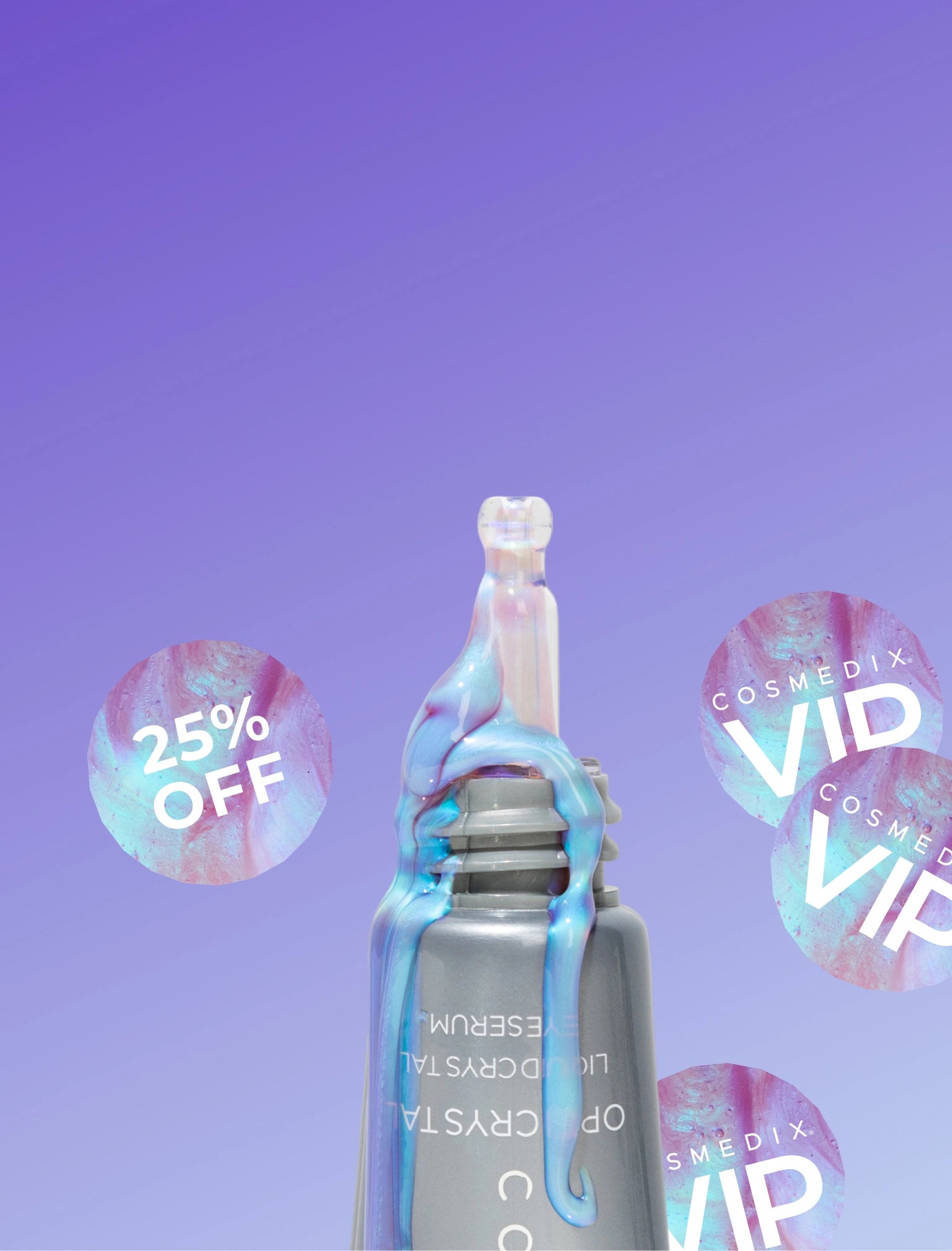 Promotional skincare sale banner with a purple gradient background, featuring two silver cosmetic serum tubes and a dropper. Large text reads “Anniversary Sale – 25% Off Sitewide,” with a “Shop Now” button and icons highlighting free shipping, risk-free trial, and clinical trust.