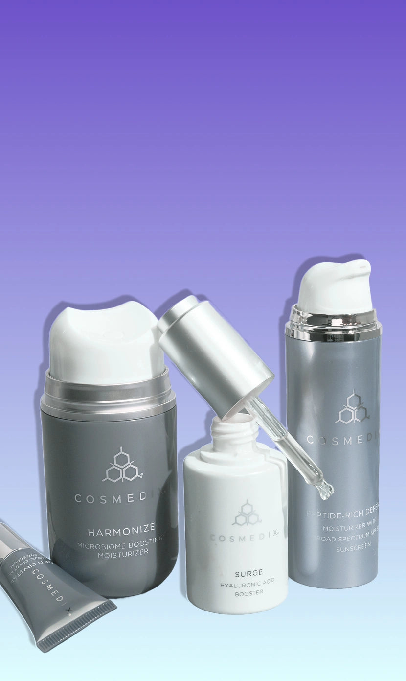 Anniversary Sale - 25% Off Sitewide: Assorted skincare bottles against purple to blue gradient background