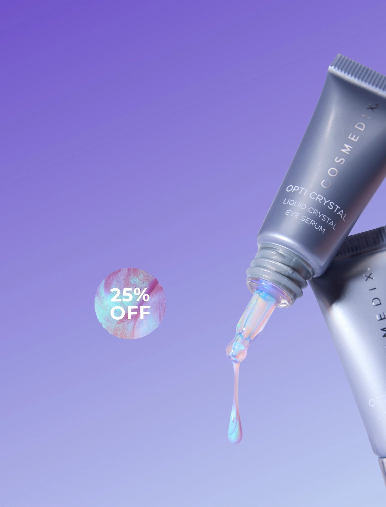 Promotional skincare sale banner with a purple gradient background, featuring two silver cosmetic serum tubes and a dropper. Large text reads “Anniversary Sale – 25% Off Sitewide,” with a “Shop Now” button and icons highlighting free shipping, risk-free trial, and clinical trust.