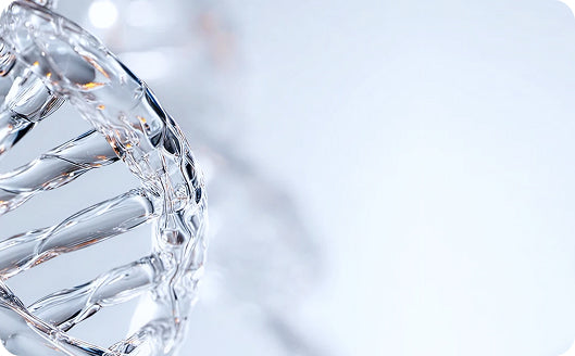 Liquid Crystal Technology: Our biomimetic Liquid Crystal Technology supports the skin barrier while delivering lasting hydration. Background shows a faint, transparent DNA double-helix structure."