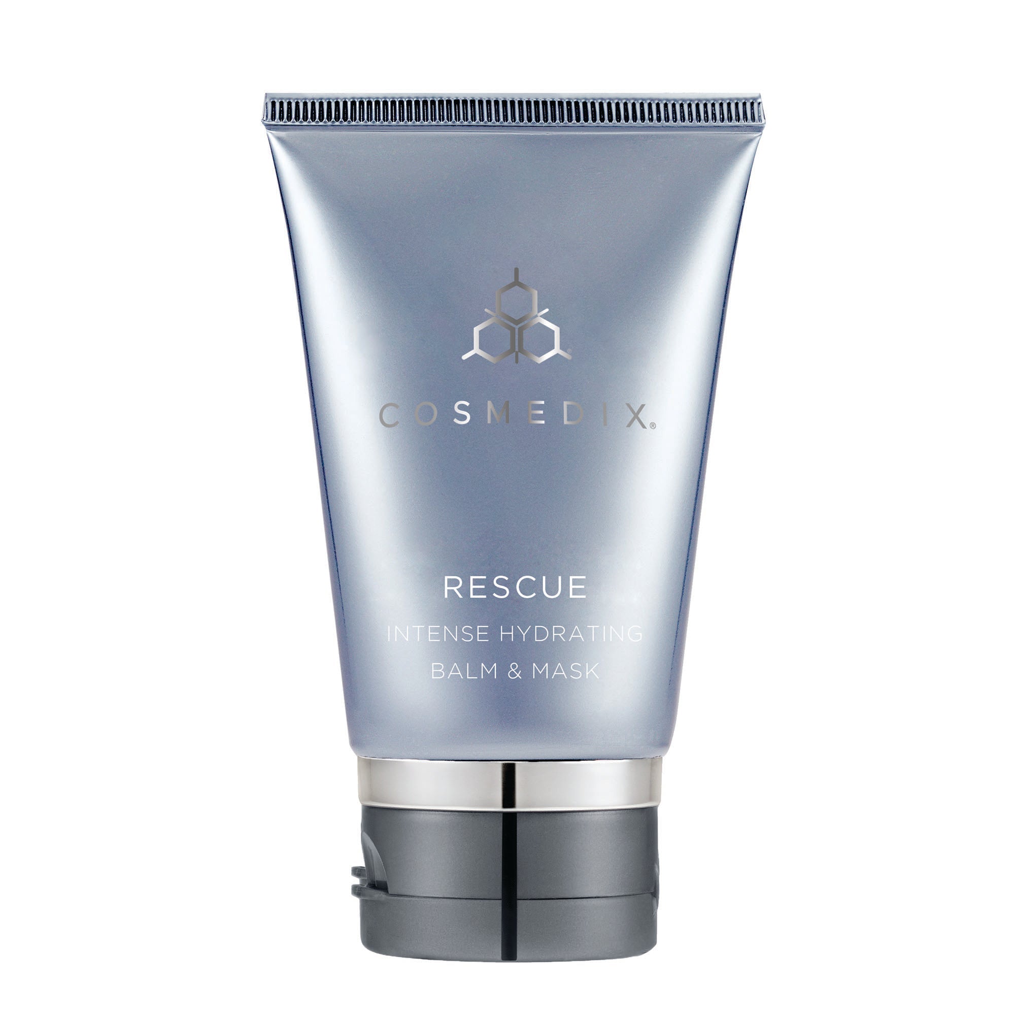 Close up of a silver Rescue Intense Hydrating Balm Mask tube with a ridged top edge and subtle branding