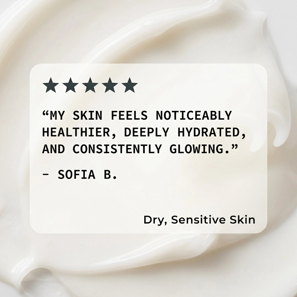 A skincare testimonial on a soft beige card set against a swirling light cream texture. Above the five dark gray stars, the quote reads: "‘My skin feels noticeably healthier, deeply hydrated, and consistently glowing.’ – Sofia B." At the bottom-right, smaller text indicates: "Dry, Sensitive Skin."