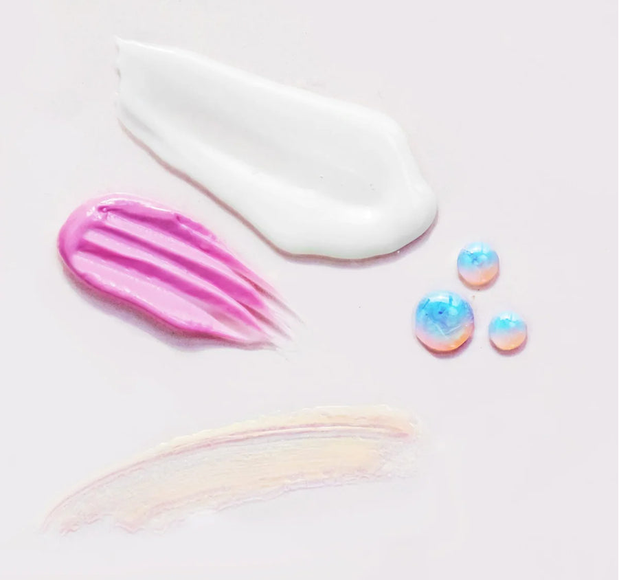 several swatches in white, pink, blue, and tan against beige background