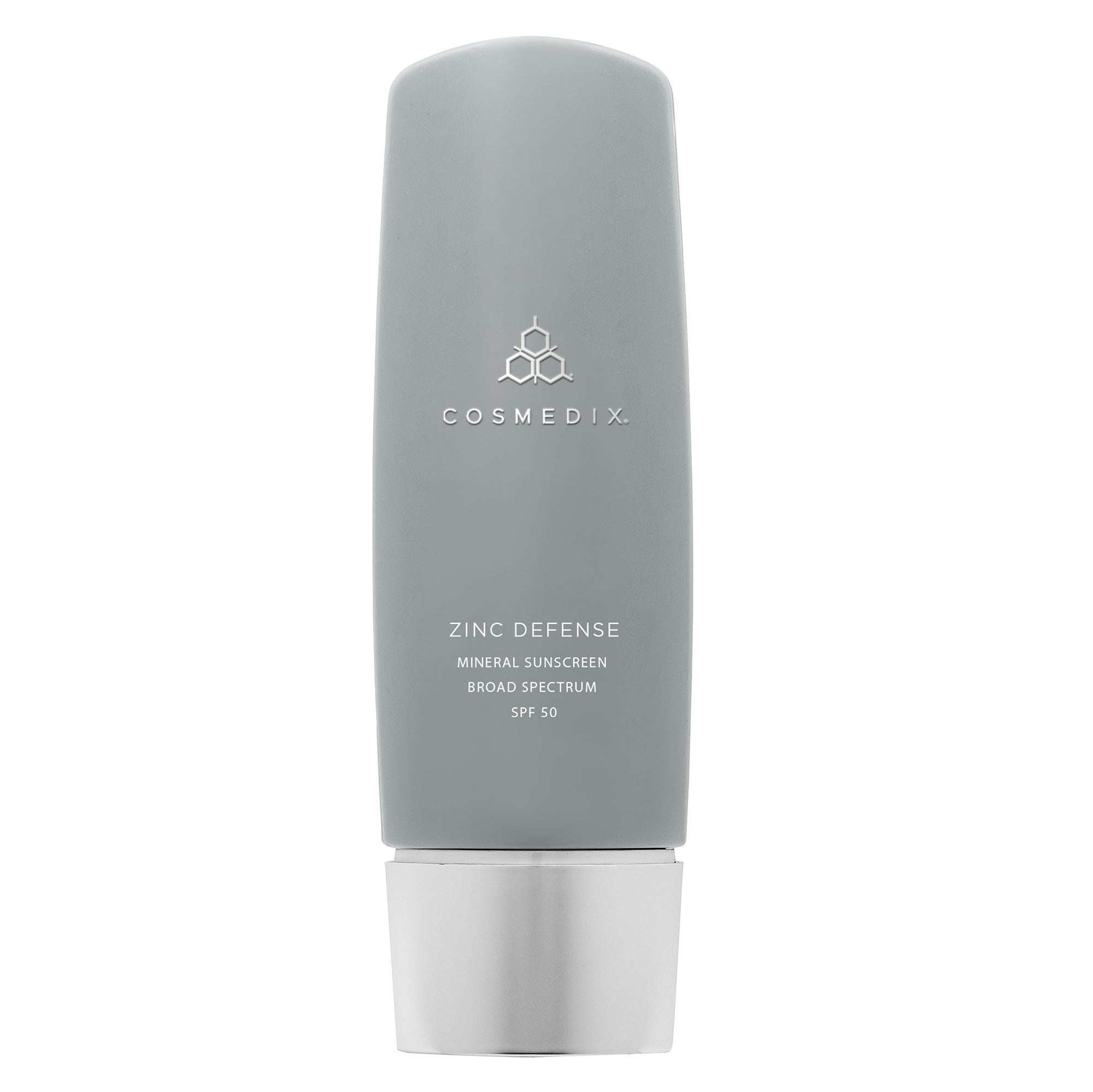 CosMedix Zinc Defense Mineral Sunscreen SPF 50 bottle in gray with white cap